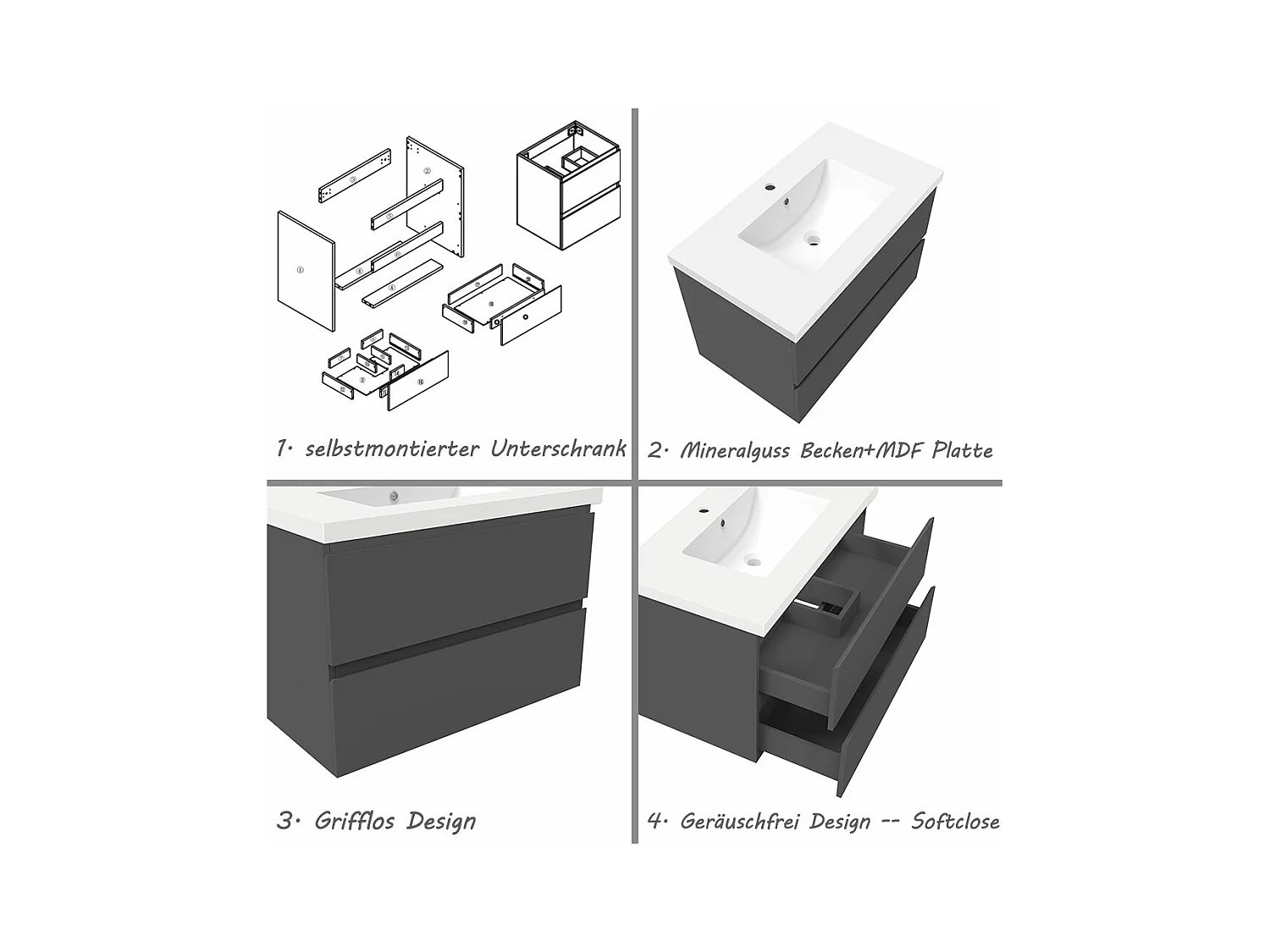 AICA Waschbeckenunterschrank hängend 80cm Mineralguss Waschtisch mit Unterschrank - Dunkelgrau Matt - CINIC