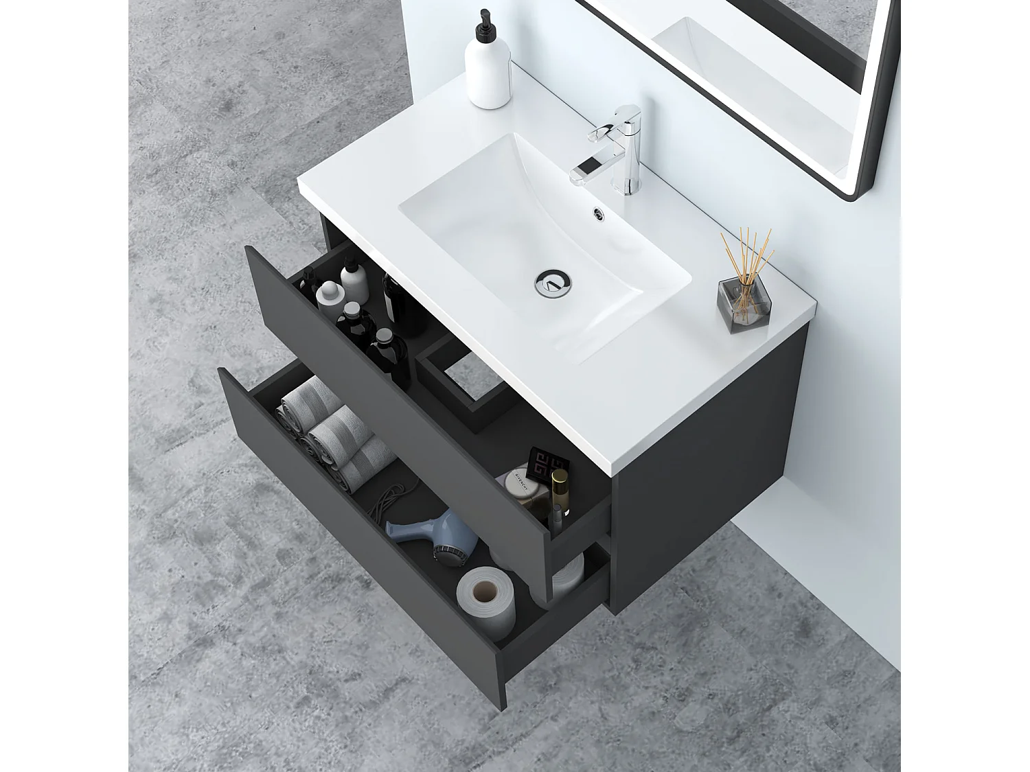 AICA Waschbeckenunterschrank hängend 80cm Mineralguss Waschtisch mit Unterschrank - Dunkelgrau Matt - CINIC