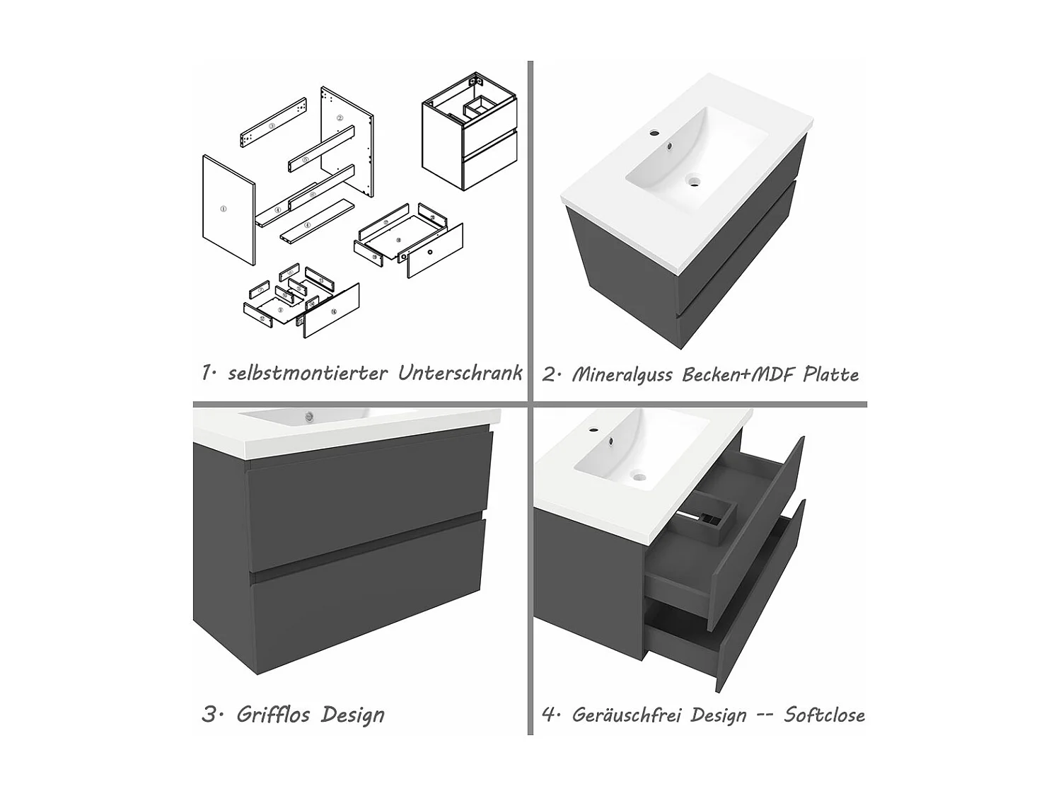 AICA Waschbeckenunterschrank hängend 80cm Mineralguss Waschtisch mit Unterschrank - Dunkelgrau Matt - CINIC