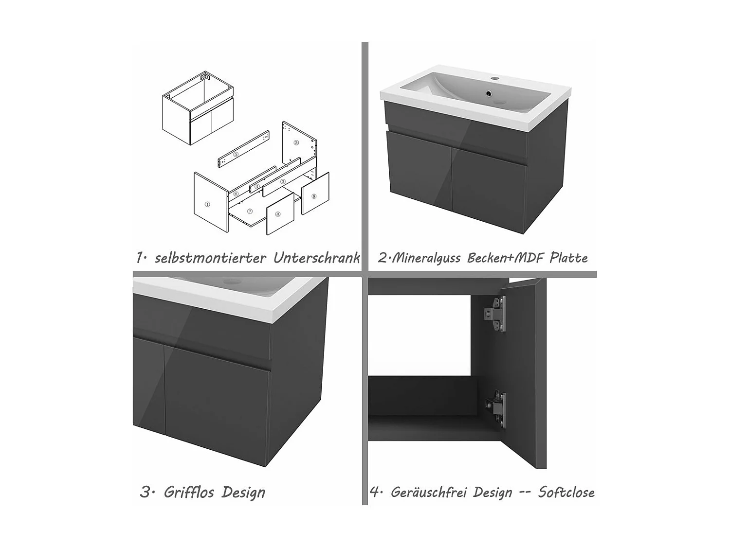 AICA Badezimmerschränke 60cm Mineralguss Waschtisch mit Unterschrank - Hochglanz Dunkelgrau Hängeschrank - MARO