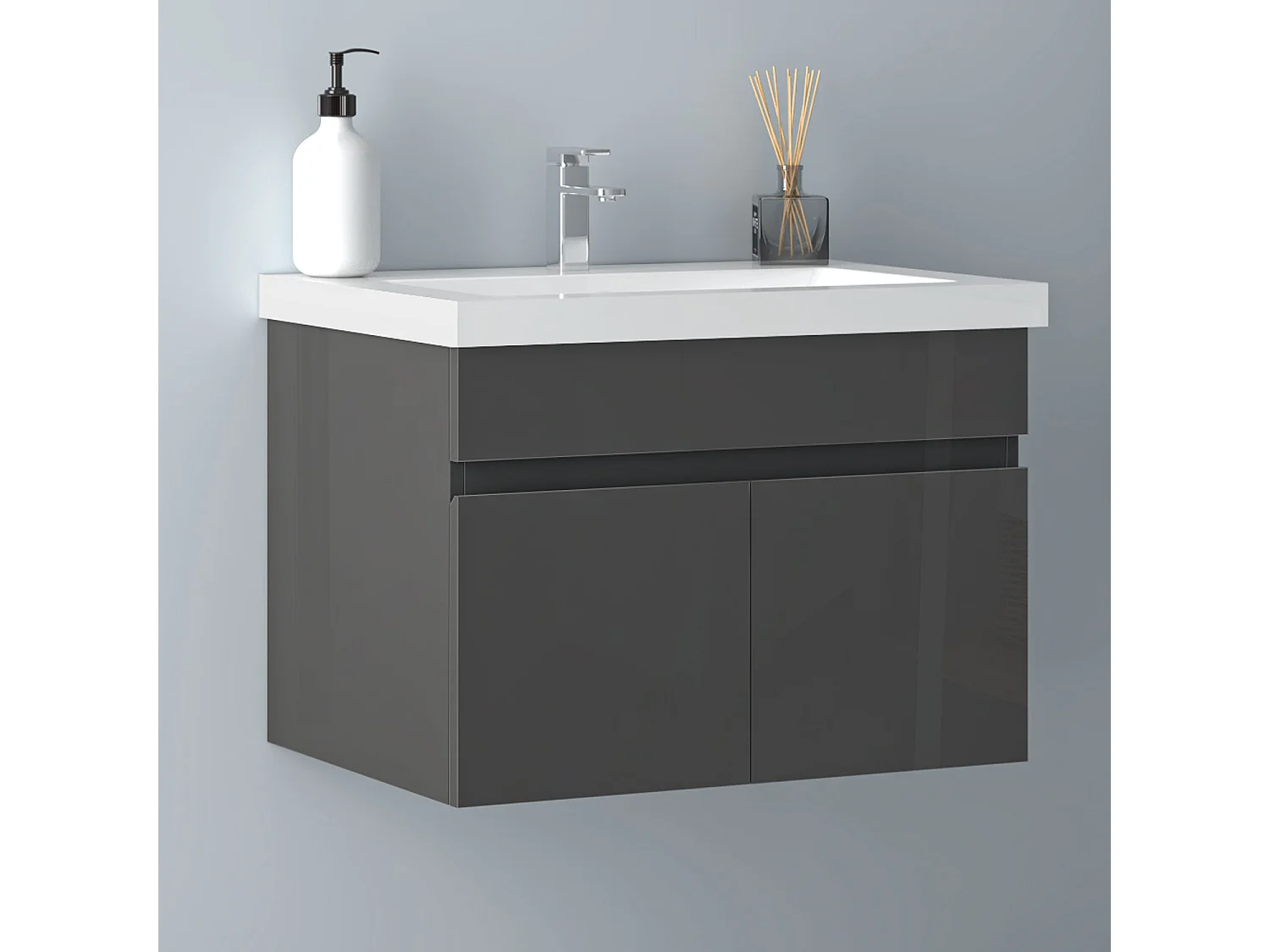 AICA Badezimmerschränke 60cm Mineralguss Waschtisch mit Unterschrank - Hochglanz Dunkelgrau Hängeschrank - MARO