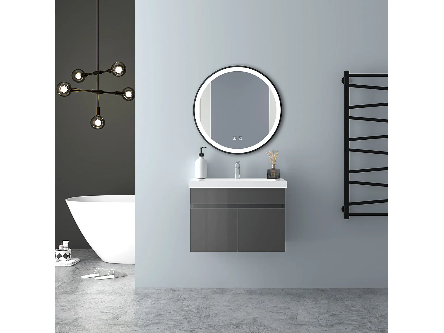 AICA Badezimmerschränke 60cm Mineralguss Waschtisch mit Unterschrank - Hochglanz Dunkelgrau Hängeschrank - MARO