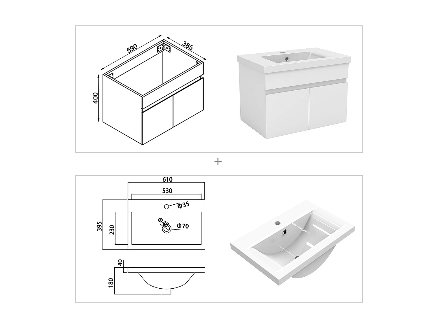 AICA Badezimmerschränke 60cm Dickes Keramik Waschtisch mit Unterschrank - Weiß Matt Hängeschrank - MARO