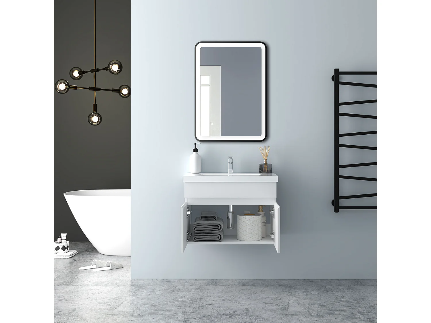 AICA Badezimmerschränke 60cm Dickes Keramik Waschtisch mit Unterschrank - Weiß Matt Hängeschrank - MARO