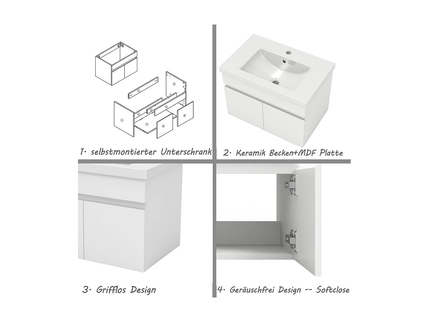 AICA Badezimmerschränke 60cm Dickes Keramik Waschtisch mit Unterschrank - Weiß Matt Hängeschrank - MARO