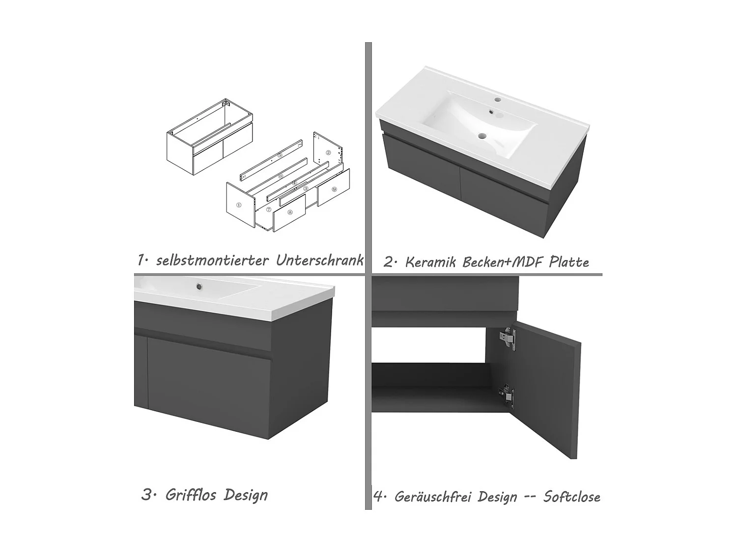 AICA Badezimmerschränke 100cm Keramik Waschtisch mit Unterschrank - Dunkelgrau Matt Hängeschrank - MARO
