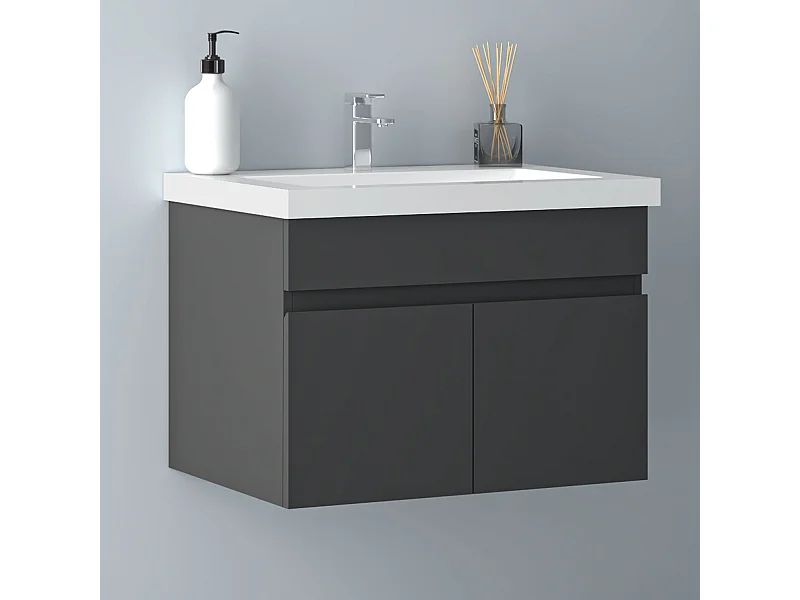 AICA Badezimmerschränke 60cm Mineralguss Waschtisch mit Unterschrank - Dunkelgrau Matt Hängeschrank - MARO