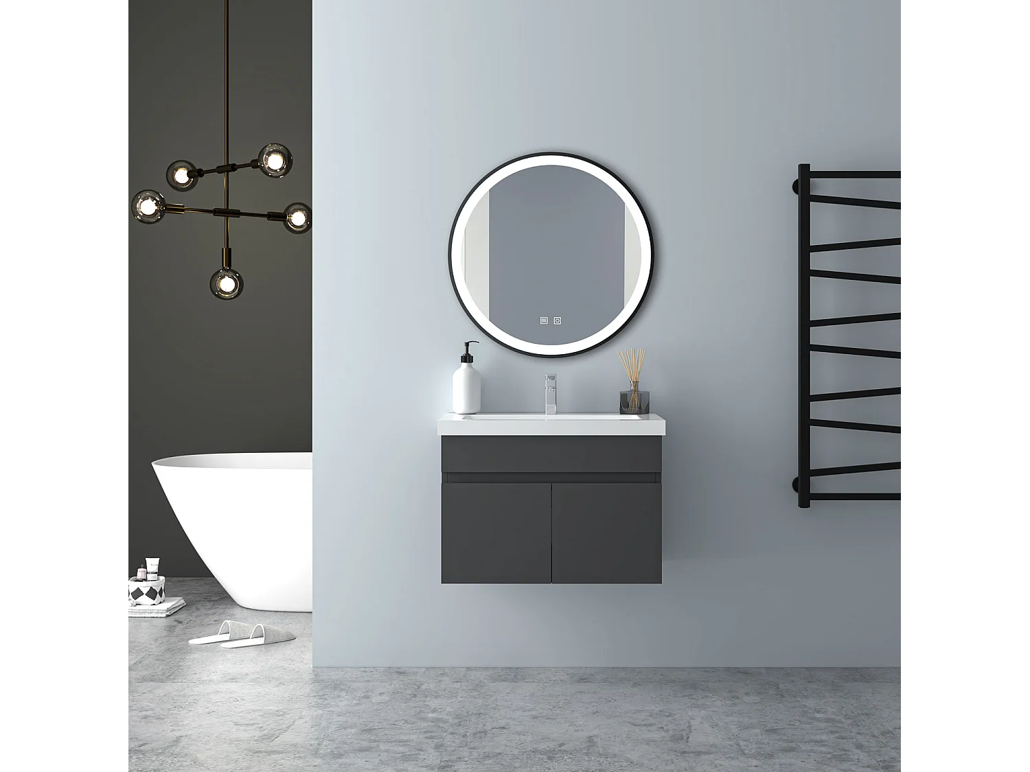 AICA Badezimmerschränke 60cm Mineralguss Waschtisch mit Unterschrank - Dunkelgrau Matt Hängeschrank - MARO