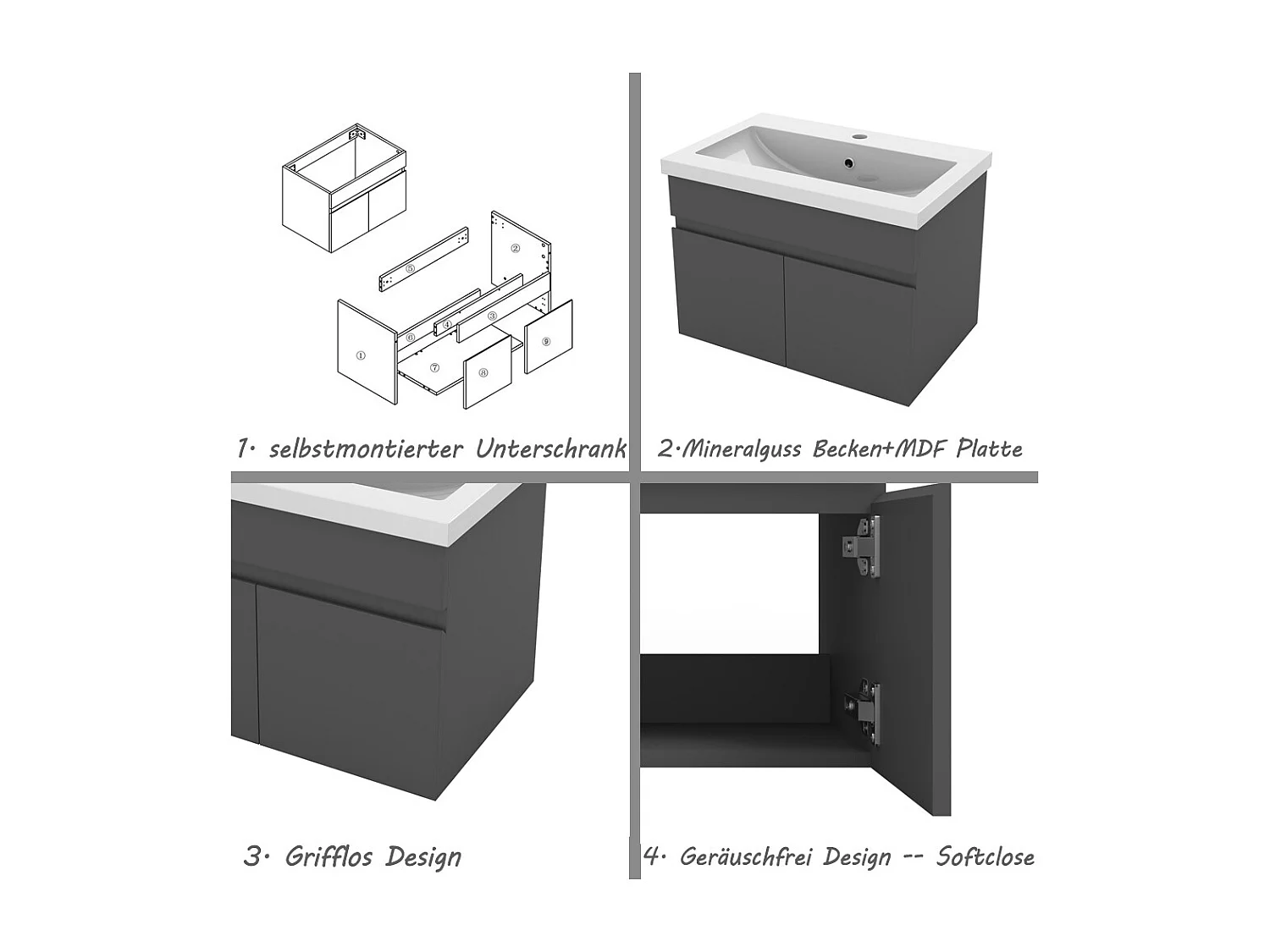 AICA Badezimmerschränke 60cm Mineralguss Waschtisch mit Unterschrank - Dunkelgrau Matt Hängeschrank - MARO