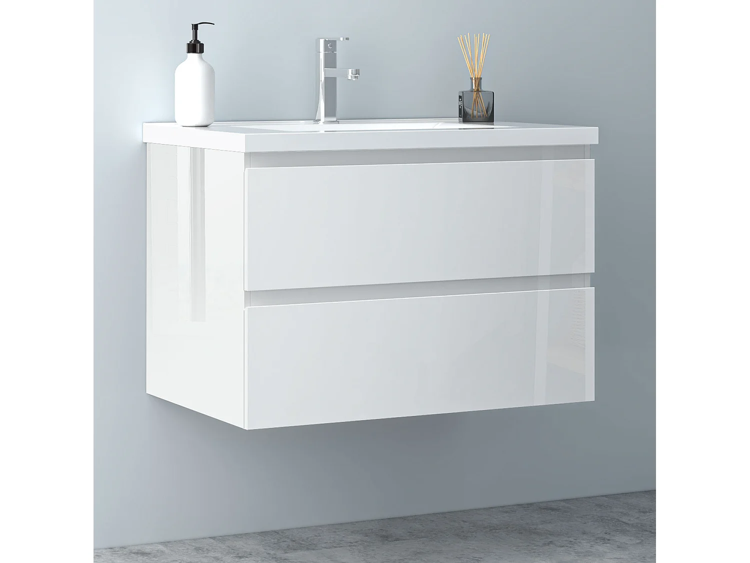 AICA Waschbeckenunterschrank hängend 80cm Keramik Waschtisch mit Unterschrank - Hochglanz Weiß - CINIC