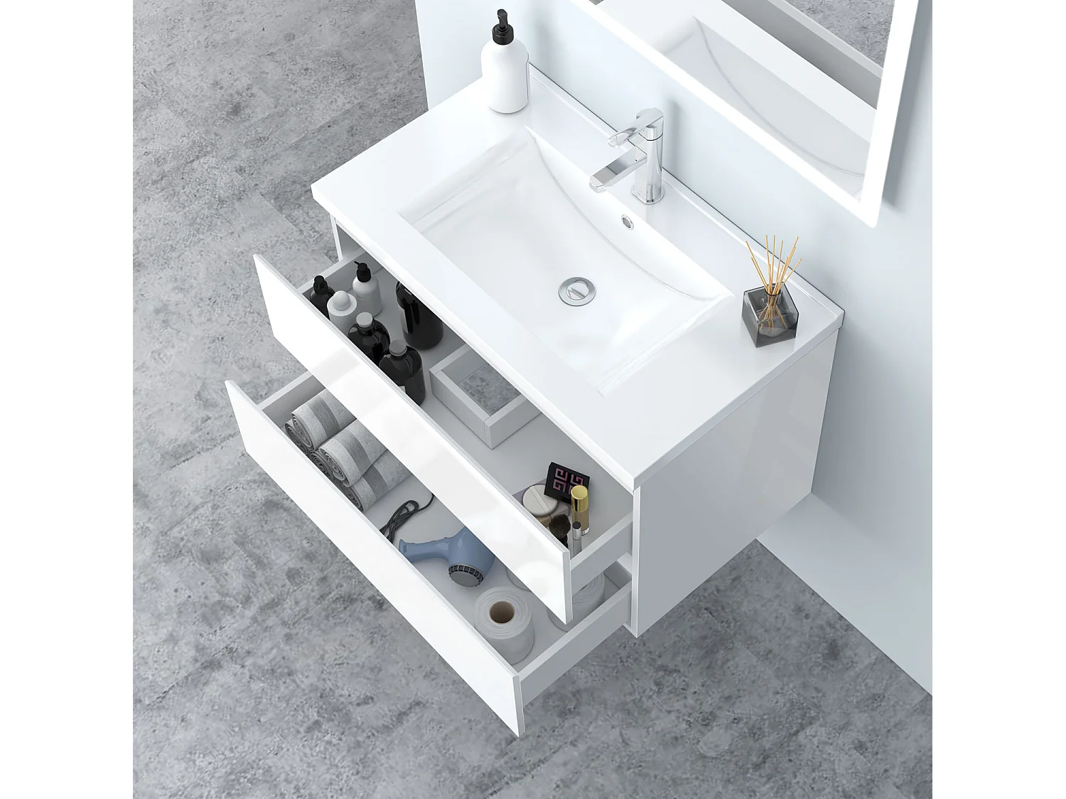 AICA Waschbeckenunterschrank hängend 80cm Keramik Waschtisch mit Unterschrank - Hochglanz Weiß - CINIC