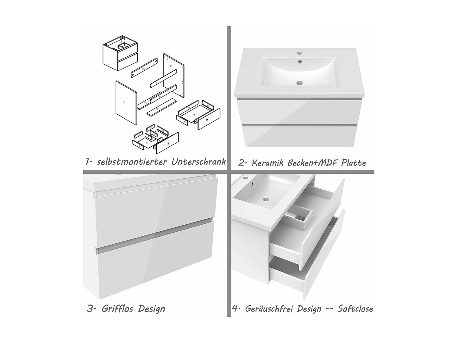 AICA Waschbeckenunterschrank hängend 80cm Keramik Waschtisch mit Unterschrank - Hochglanz Weiß - CINIC