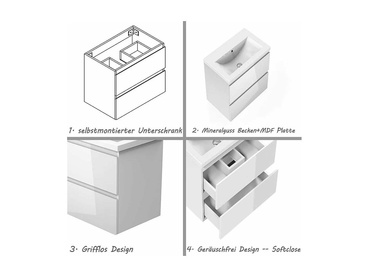 AICA Waschbeckenunterschrank hängend 50cm Mineralguss Waschtisch mit Unterschrank - Hochglanz Weiß - CINIC