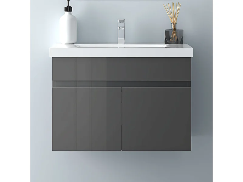 AICA Badezimmerschränke 60cm Dickes Keramik Waschtisch mit Unterschrank - Hochglanz Dunkelgrau Hängeschrank - MARO
