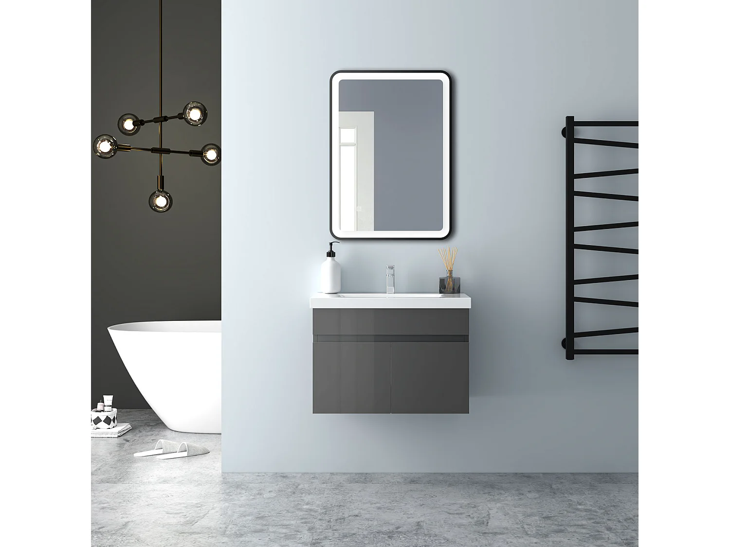 AICA Badezimmerschränke 60cm Dickes Keramik Waschtisch mit Unterschrank - Hochglanz Dunkelgrau Hängeschrank - MARO