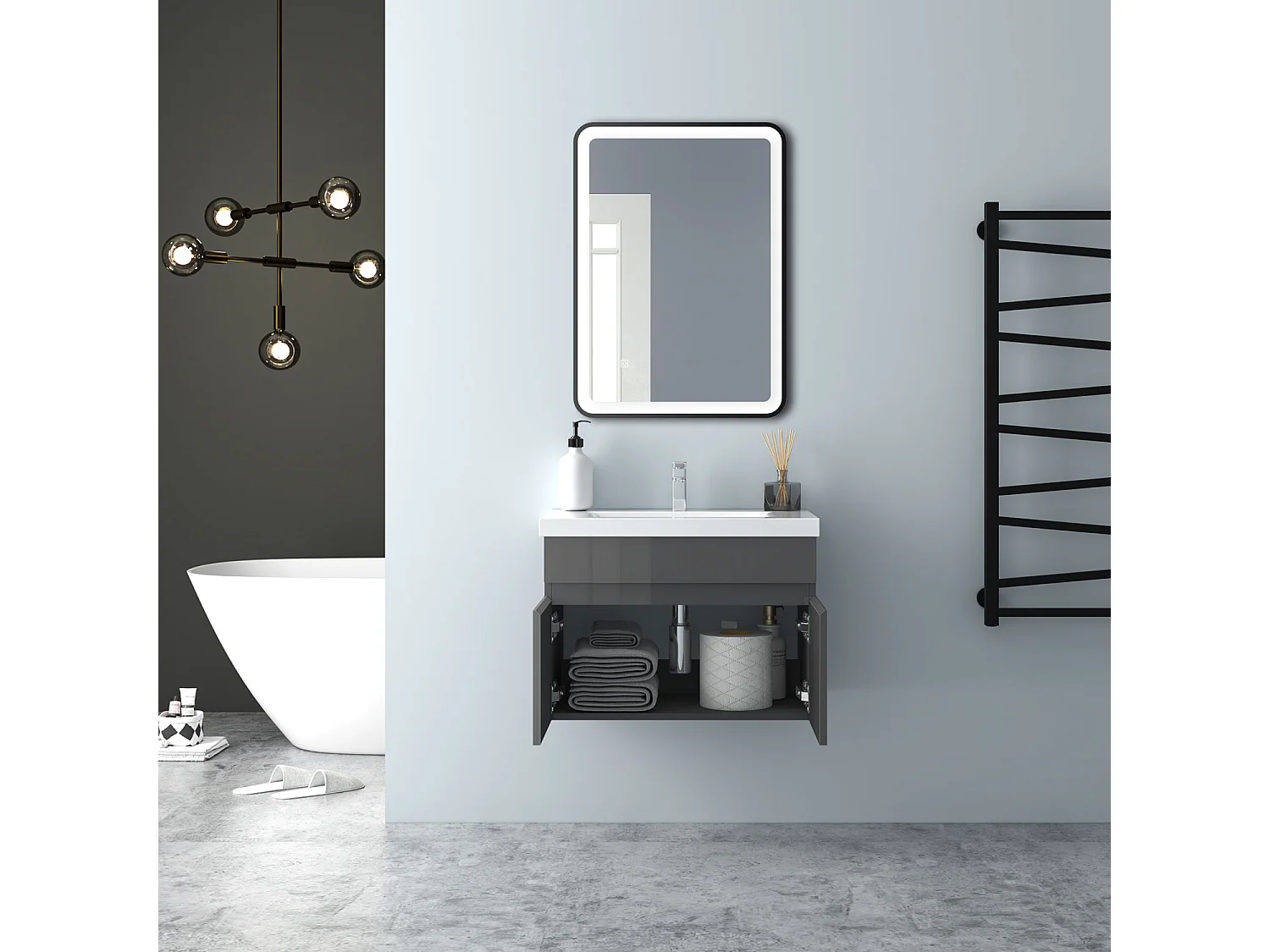 AICA Badezimmerschränke 60cm Dickes Keramik Waschtisch mit Unterschrank - Hochglanz Dunkelgrau Hängeschrank - MARO