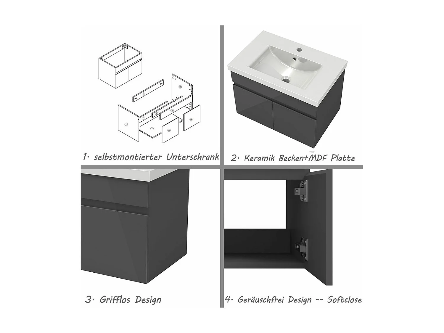 AICA Badezimmerschränke 60cm Dickes Keramik Waschtisch mit Unterschrank - Hochglanz Dunkelgrau Hängeschrank - MARO