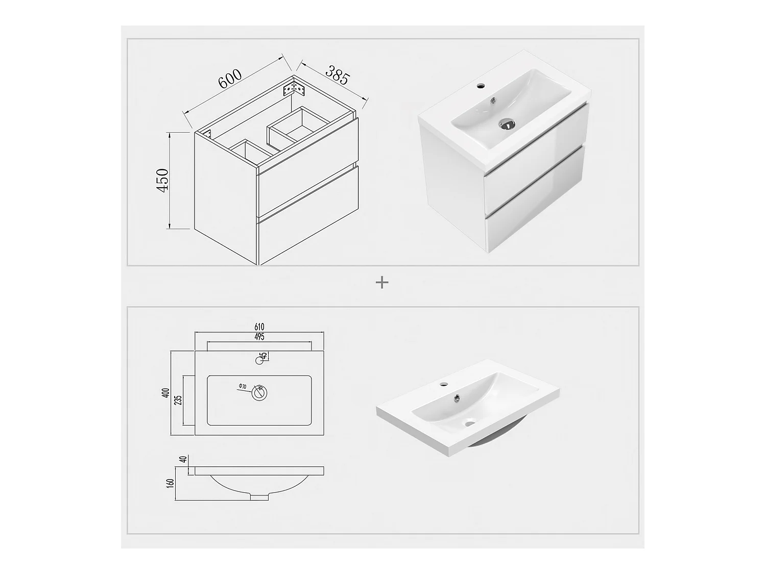 AICA Waschbeckenunterschrank hängend 60cm Mineralguss Waschtisch mit Unterschrank - Hochglanz Weiß - CINIC