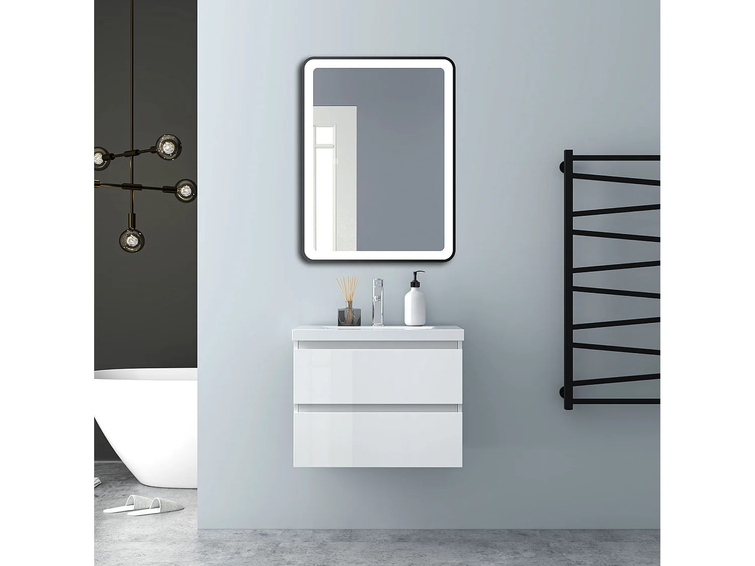 AICA Waschbeckenunterschrank hängend 60cm Mineralguss Waschtisch mit Unterschrank - Hochglanz Weiß - CINIC