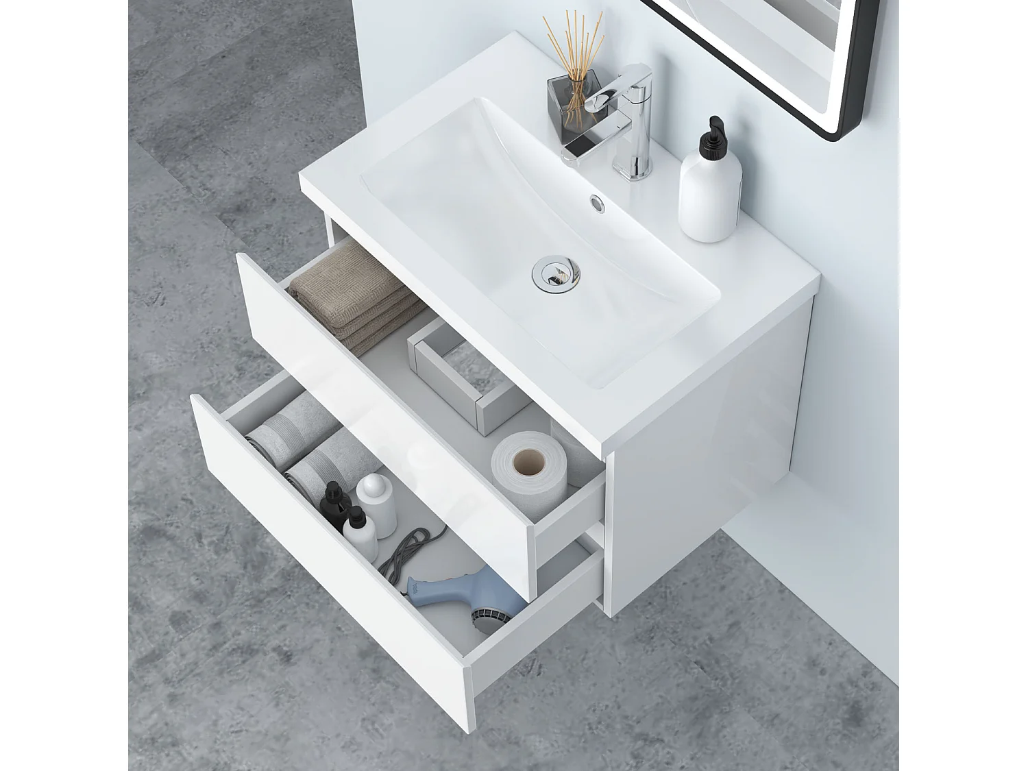 AICA Waschbeckenunterschrank hängend 60cm Mineralguss Waschtisch mit Unterschrank - Hochglanz Weiß - CINIC