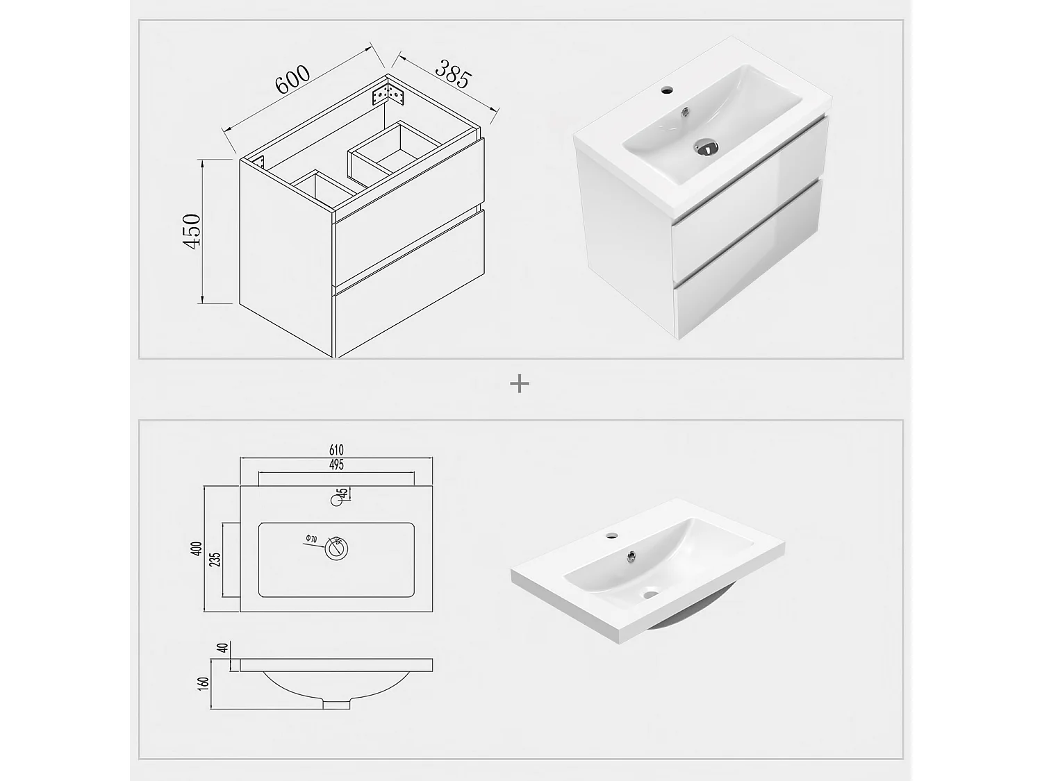 AICA Waschbeckenunterschrank hängend 60cm Mineralguss Waschtisch mit Unterschrank - Hochglanz Weiß - CINIC