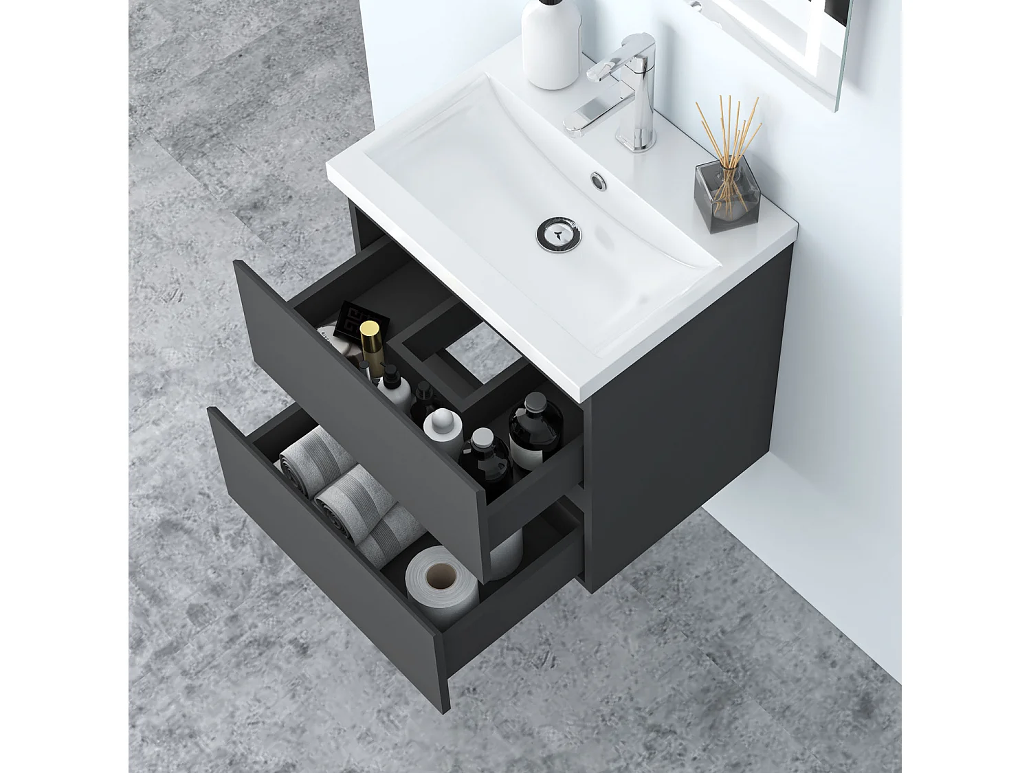 AICA Waschbeckenunterschrank hängend 50cm Keramik Waschtisch mit Unterschrank - Dunkelgrau Matt - CINIC