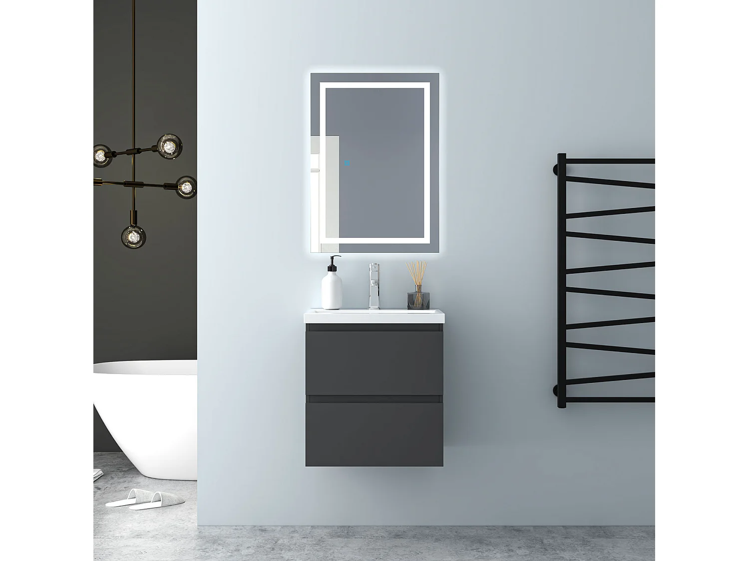 AICA Waschbeckenunterschrank hängend 50cm Keramik Waschtisch mit Unterschrank - Dunkelgrau Matt - CINIC