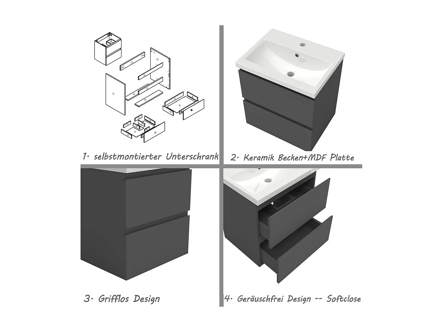 AICA Waschbeckenunterschrank hängend 50cm Keramik Waschtisch mit Unterschrank - Dunkelgrau Matt - CINIC