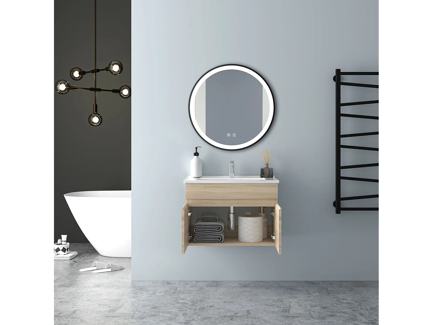 AICA Badezimmerschränke 60cm Dünn Keramik Waschtisch mit Unterschrank - Eiche Matt Hängeschrank - MARO