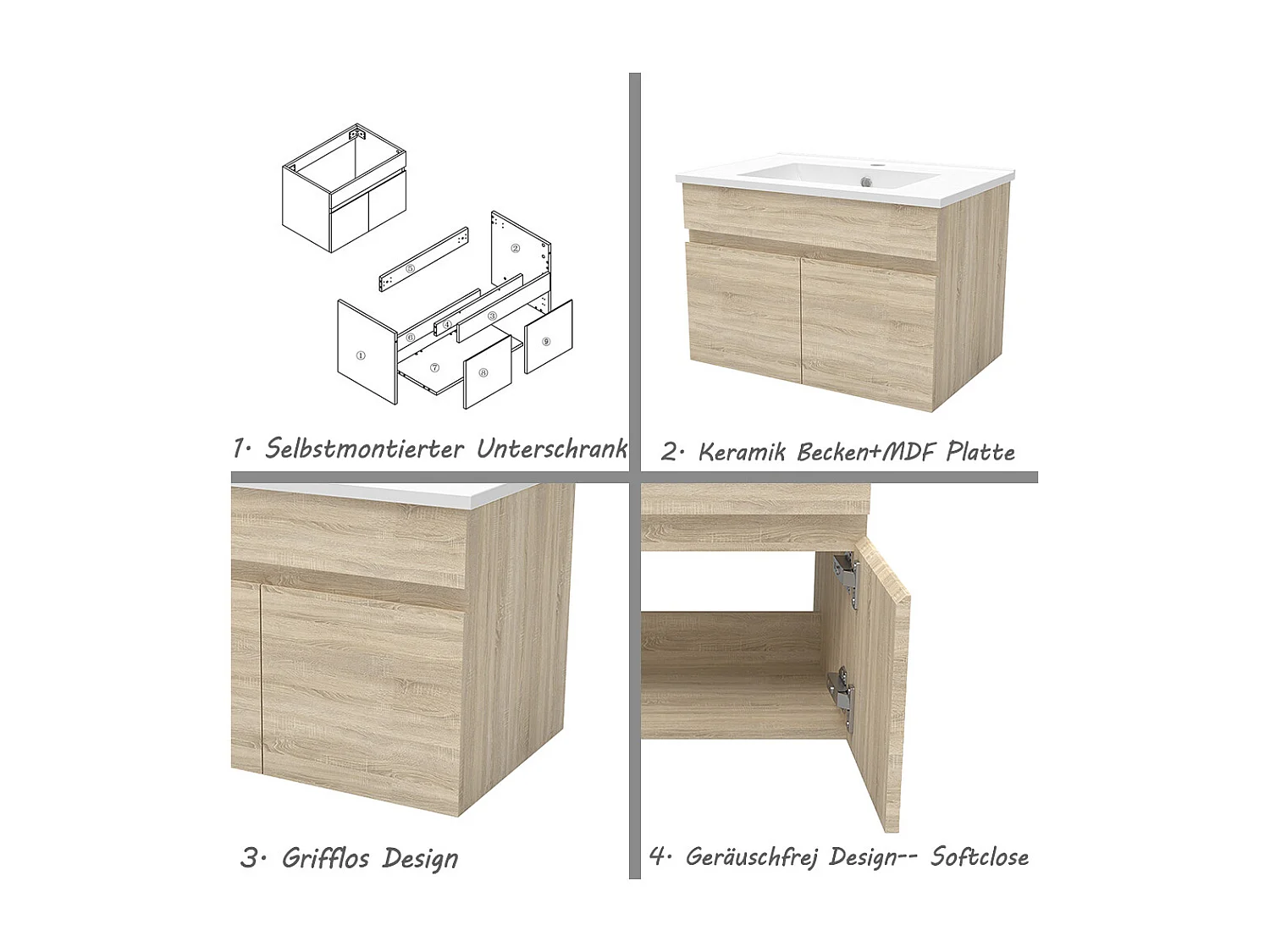 AICA Badezimmerschränke 60cm Dünn Keramik Waschtisch mit Unterschrank - Eiche Matt Hängeschrank - MARO