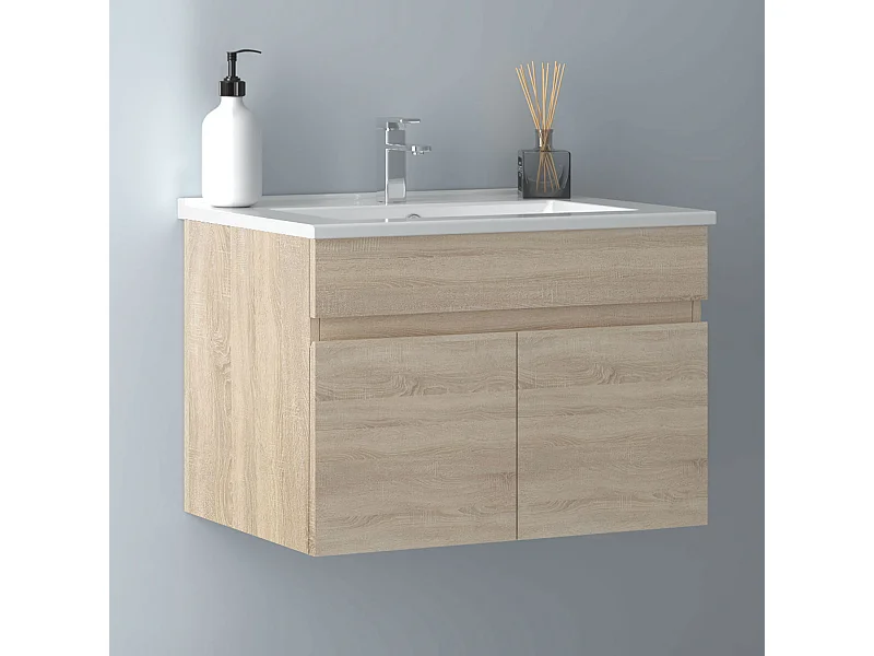 AICA Badezimmerschränke 60cm Dünn Keramik Waschtisch mit Unterschrank - Eiche Matt Hängeschrank - MARO