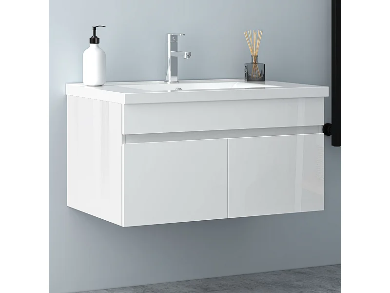 AICA Badezimmerschränke 80cm Keramik Waschtisch mit Unterschrank - Hochglanz Weiß Hängeschrank - MARO