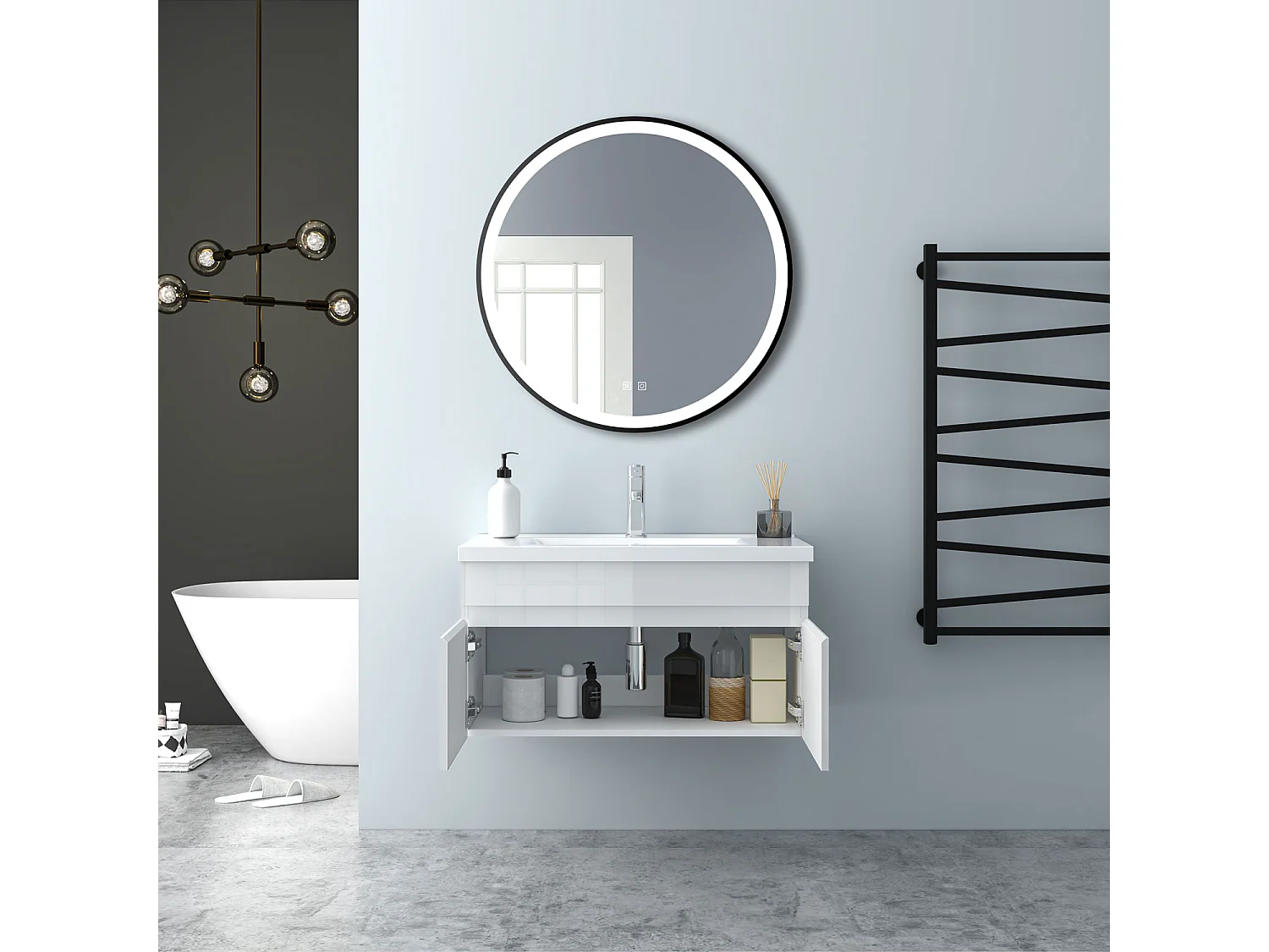 AICA Badezimmerschränke 80cm Keramik Waschtisch mit Unterschrank - Hochglanz Weiß Hängeschrank - MARO