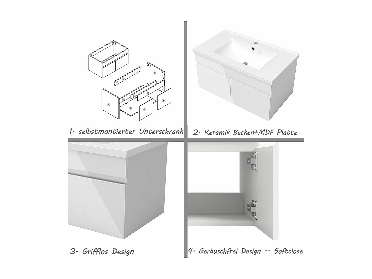 AICA Badezimmerschränke 80cm Keramik Waschtisch mit Unterschrank - Hochglanz Weiß Hängeschrank - MARO
