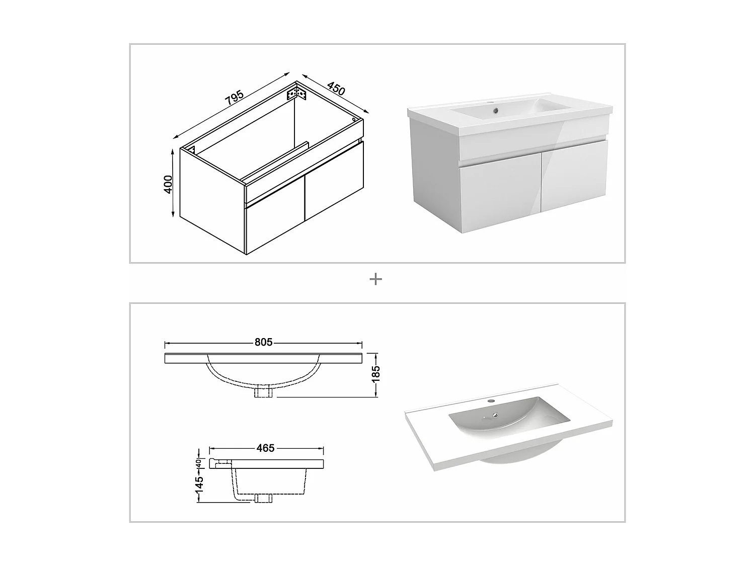 AICA Badezimmerschränke 80cm Keramik Waschtisch mit Unterschrank - Hochglanz Weiß Hängeschrank - MARO
