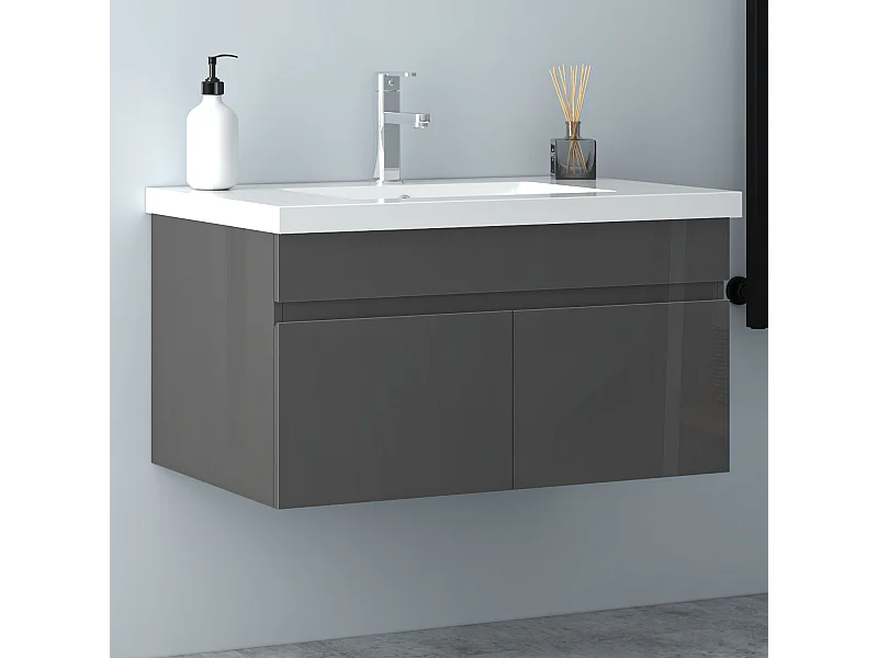 AICA Badezimmerschränke 80cm Mineralguss Waschtisch mit Unterschrank - Hochglanz Dunkelgrau Hängeschrank - MARO