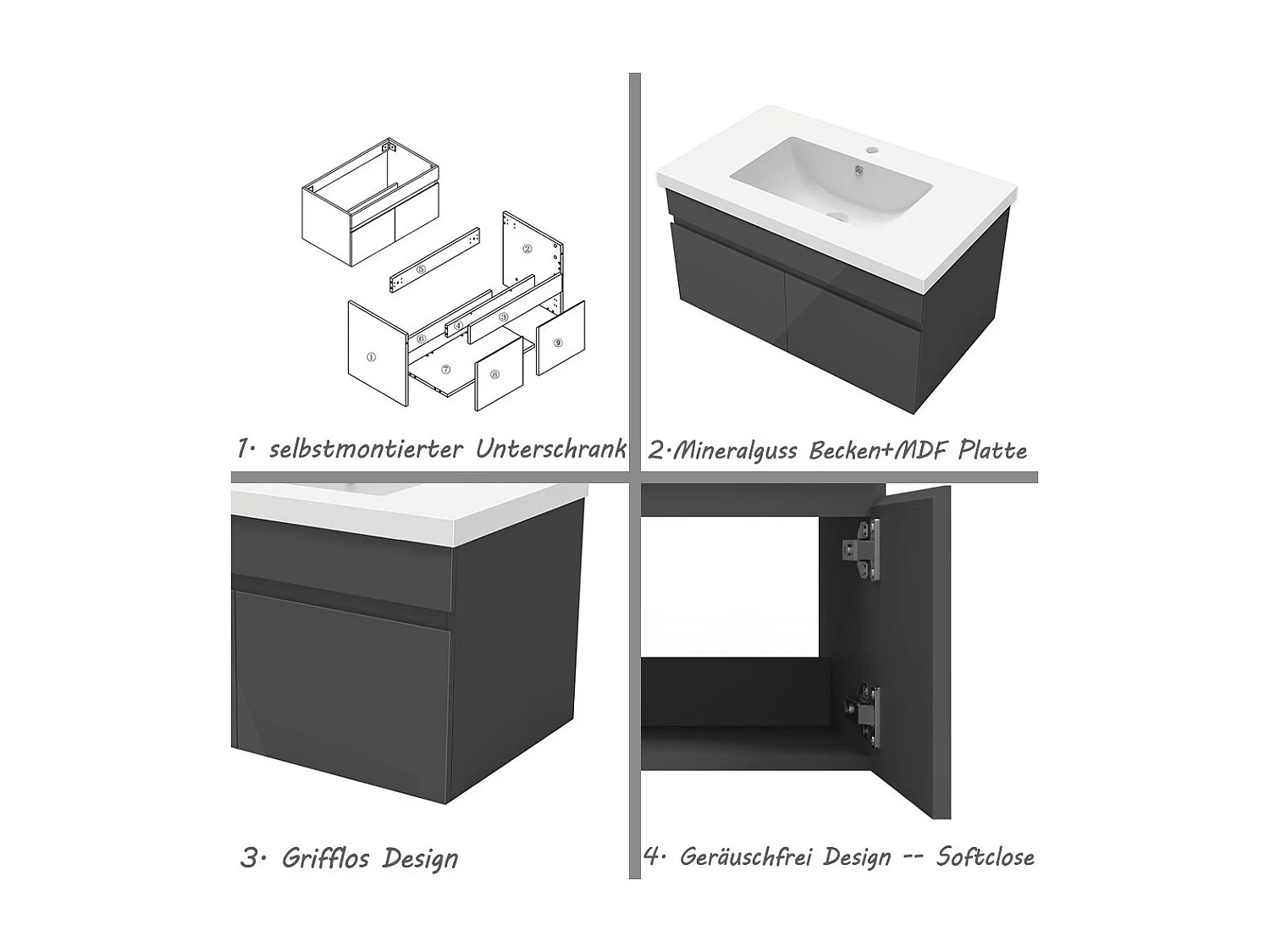 AICA Badezimmerschränke 80cm Mineralguss Waschtisch mit Unterschrank - Hochglanz Dunkelgrau Hängeschrank - MARO