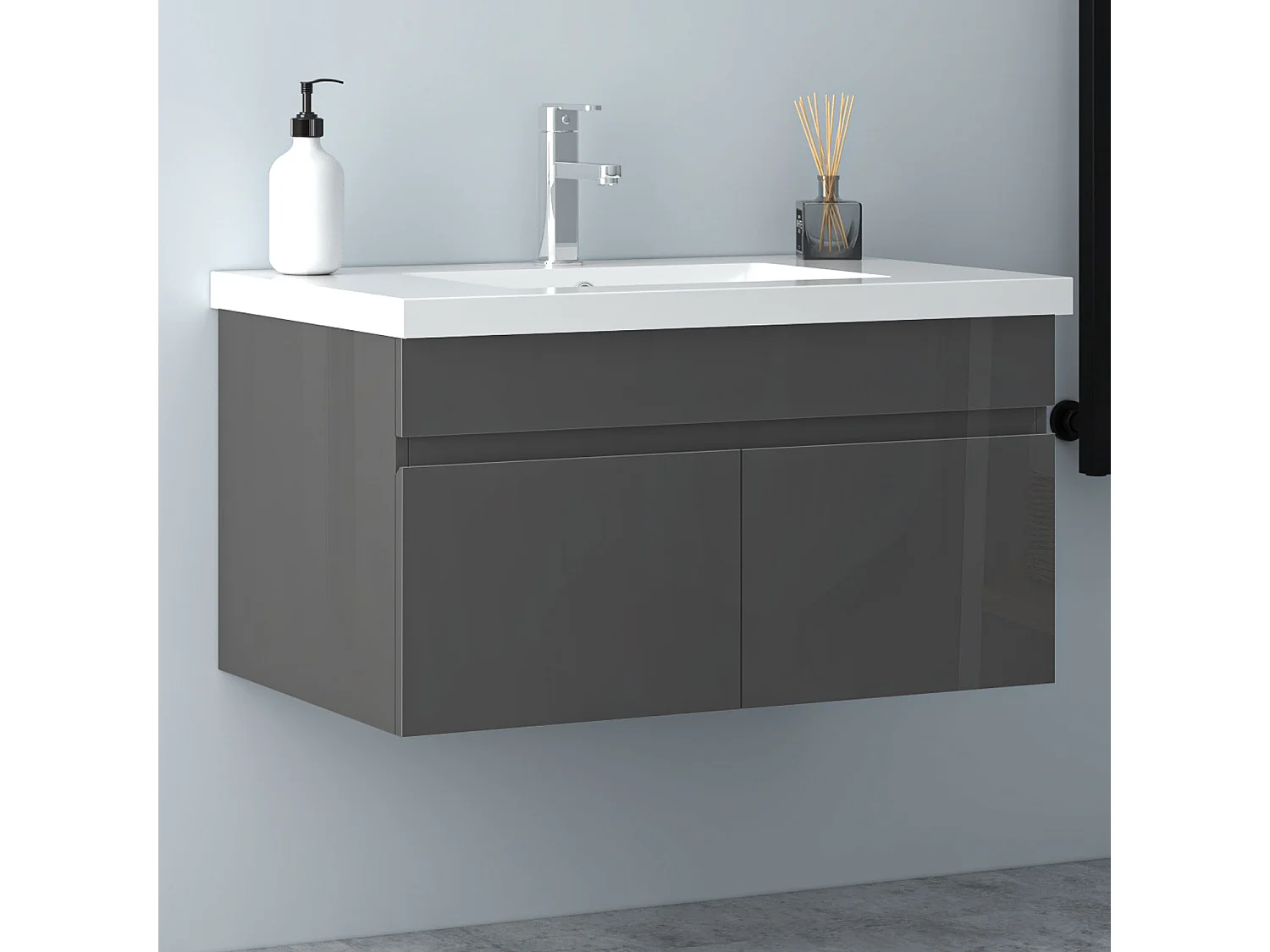AICA Badezimmerschränke 80cm Mineralguss Waschtisch mit Unterschrank - Hochglanz Dunkelgrau Hängeschrank - MARO