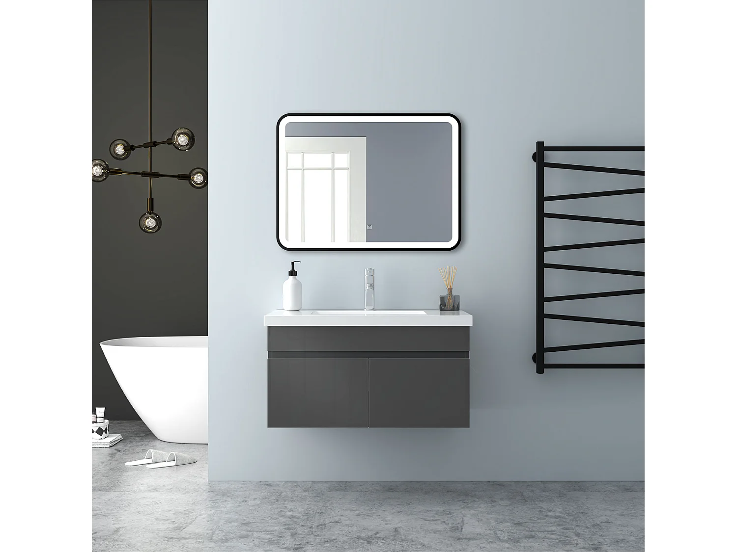 AICA Badezimmerschränke 80cm Mineralguss Waschtisch mit Unterschrank - Hochglanz Dunkelgrau Hängeschrank - MARO