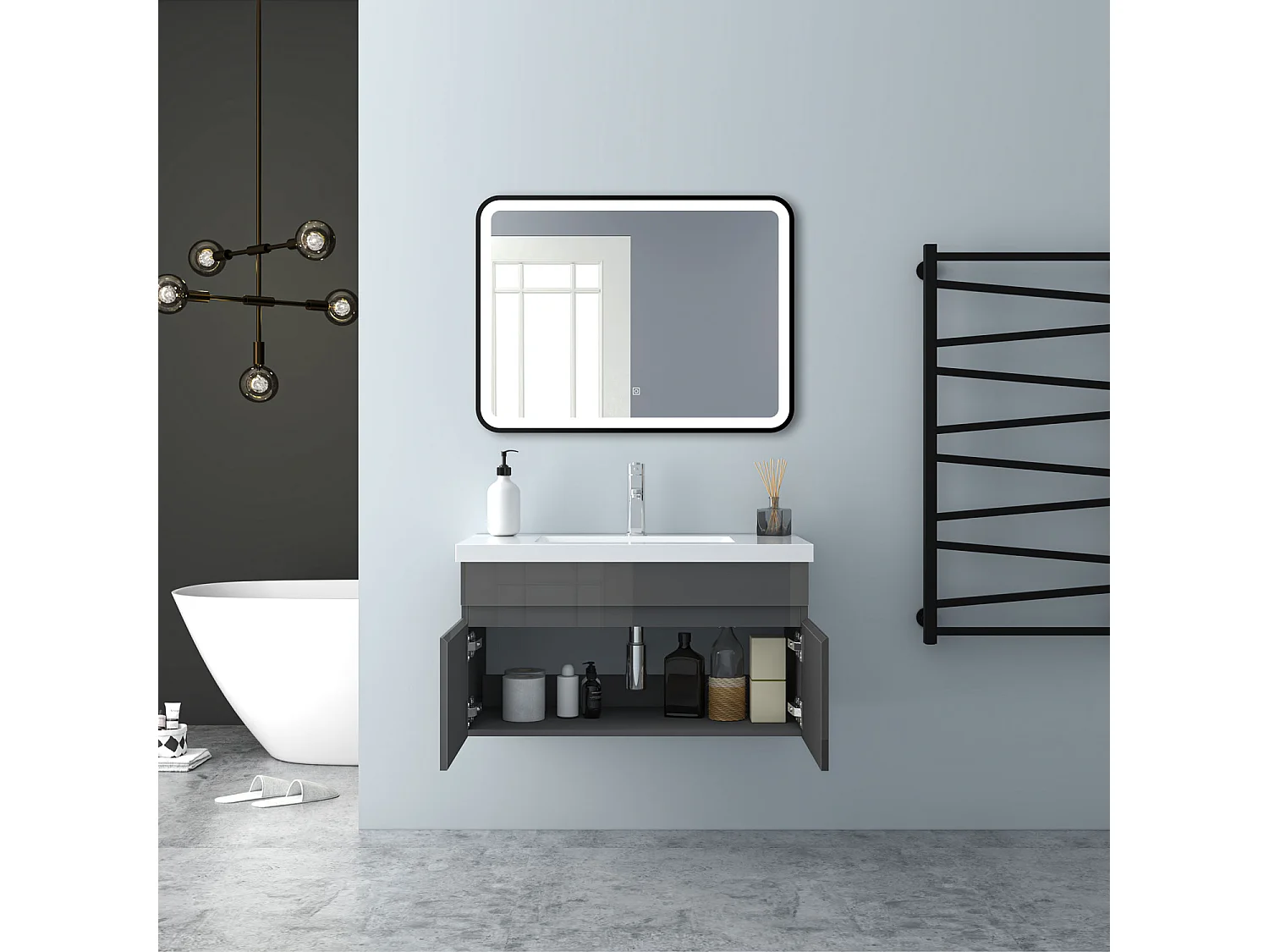 AICA Badezimmerschränke 80cm Mineralguss Waschtisch mit Unterschrank - Hochglanz Dunkelgrau Hängeschrank - MARO