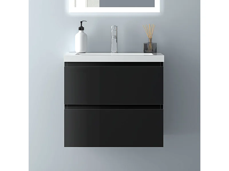 AICA Waschbeckenunterschrank hängend 50cm Keramik Waschtisch mit Unterschrank - Hochglanz Schwarz - CINIC