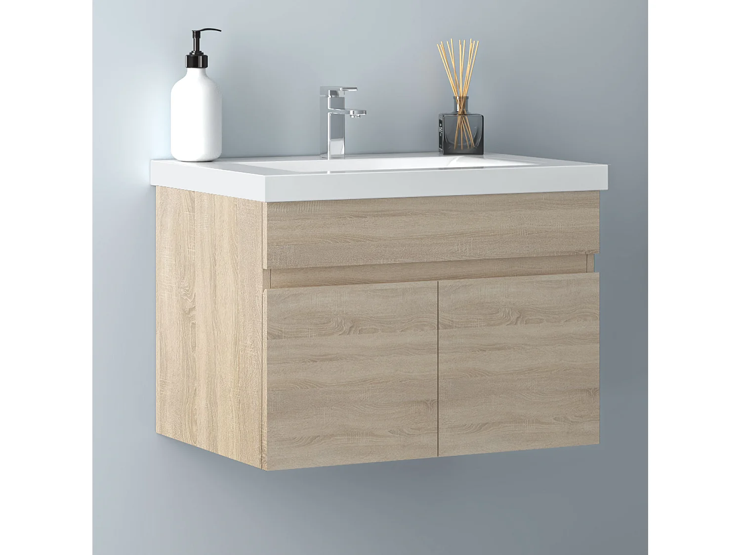 AICA Badezimmerschränke 60cm Dickes Keramik Waschtisch mit Unterschrank - Eiche Matt Hängeschrank - MARO