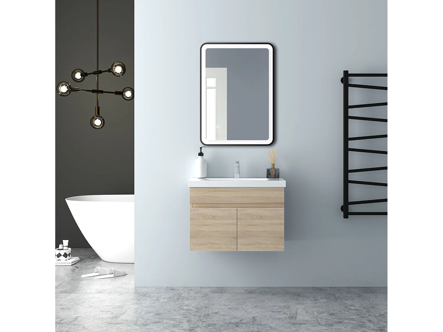 AICA Badezimmerschränke 60cm Dickes Keramik Waschtisch mit Unterschrank - Eiche Matt Hängeschrank - MARO