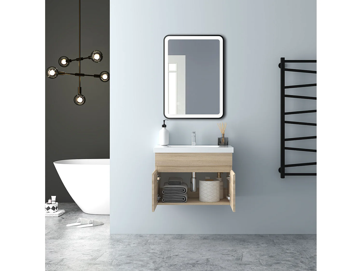 AICA Badezimmerschränke 60cm Dickes Keramik Waschtisch mit Unterschrank - Eiche Matt Hängeschrank - MARO