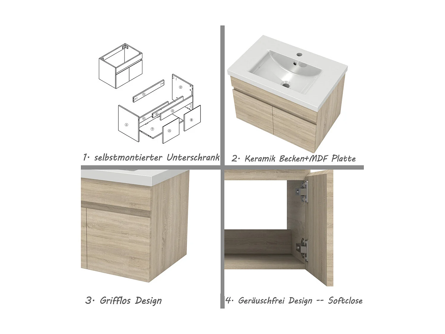 AICA Badezimmerschränke 60cm Dickes Keramik Waschtisch mit Unterschrank - Eiche Matt Hängeschrank - MARO