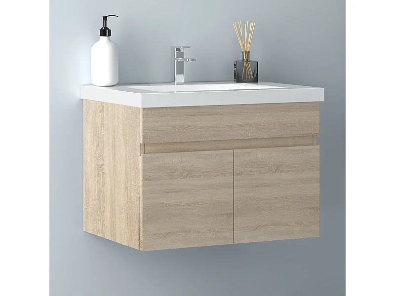 AICA Badezimmerschränke 60cm Dickes Keramik Waschtisch mit Unterschrank - Eiche Matt Hängeschrank - MARO