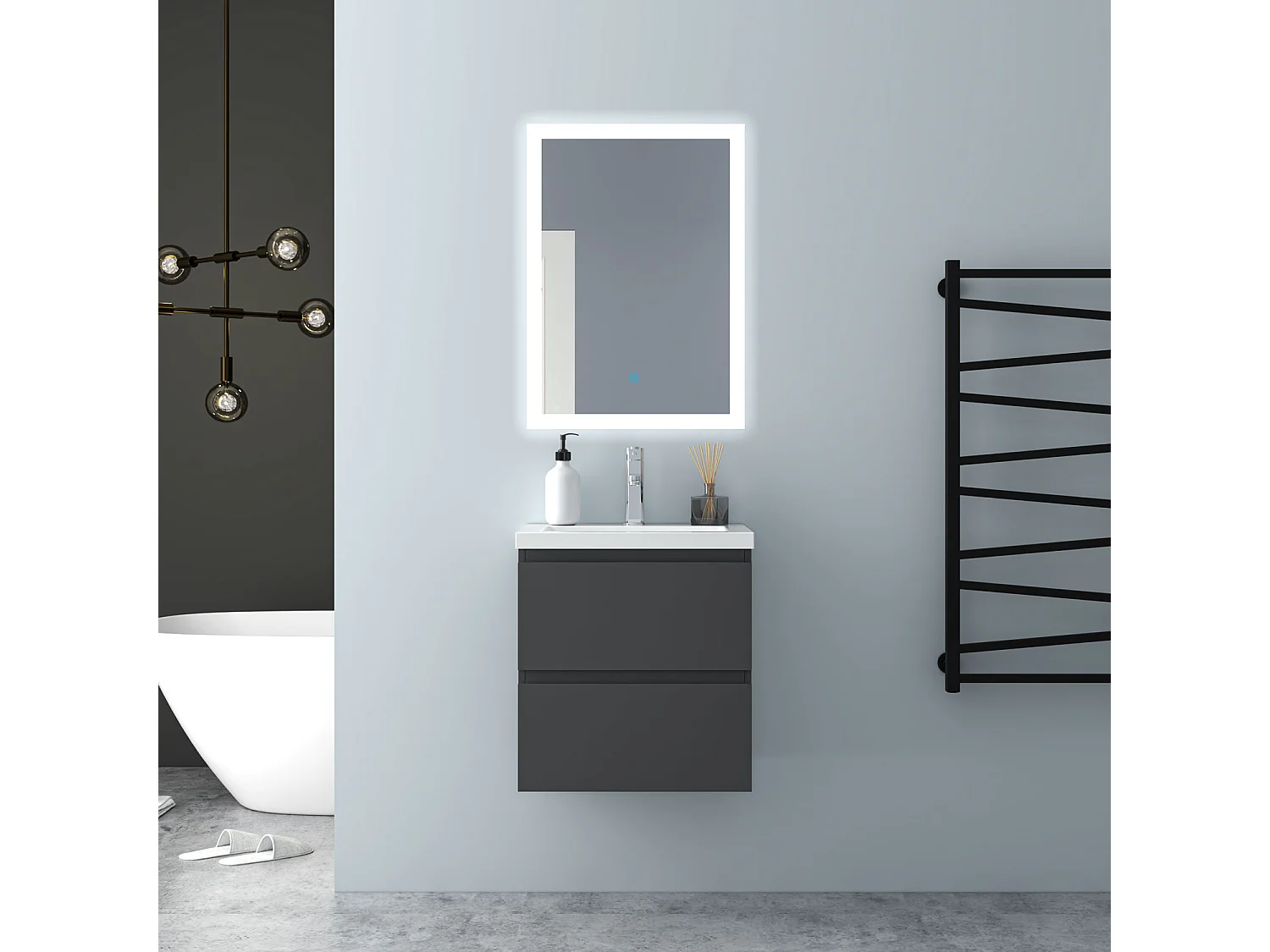 AICA Waschbeckenunterschrank hängend 50cm Mineralguss Waschtisch mit Unterschrank - Dunkelgrau Matt - CINIC