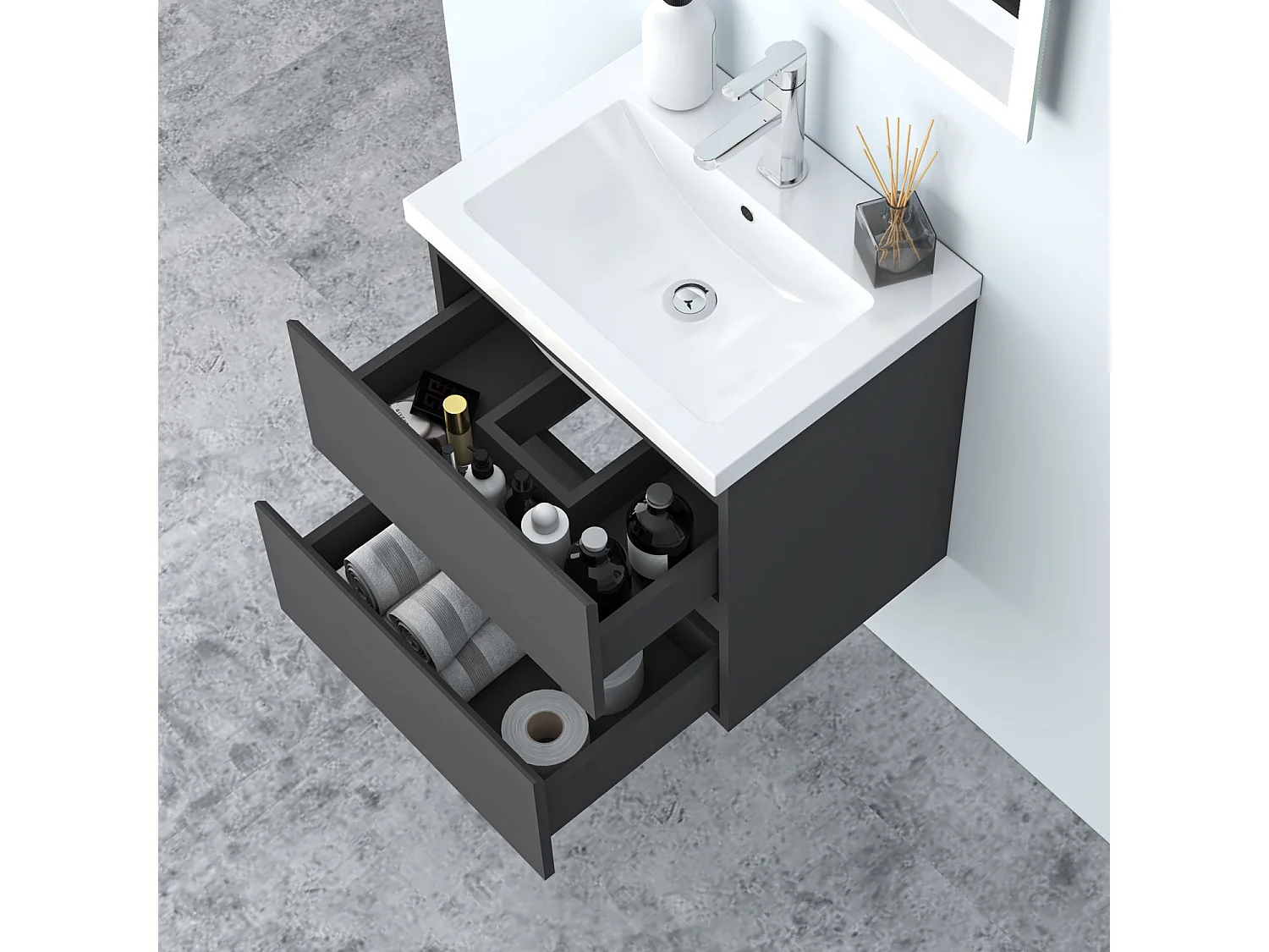 AICA Waschbeckenunterschrank hängend 50cm Mineralguss Waschtisch mit Unterschrank - Dunkelgrau Matt - CINIC