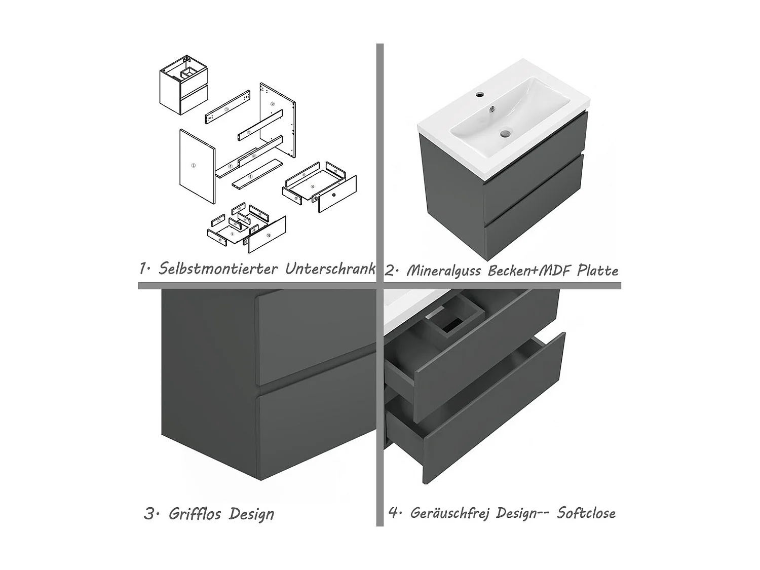 AICA Waschbeckenunterschrank hängend 50cm Mineralguss Waschtisch mit Unterschrank - Dunkelgrau Matt - CINIC