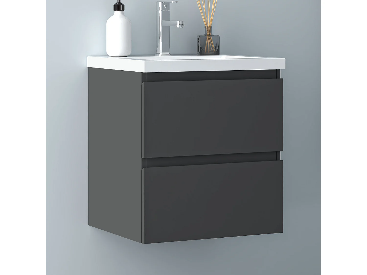 AICA Waschbeckenunterschrank hängend 50cm Mineralguss Waschtisch mit Unterschrank - Dunkelgrau Matt - CINIC